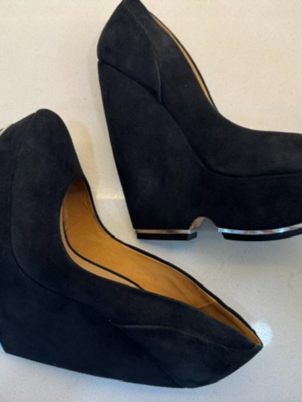 L.A.M.B. "Halina" Black Suede Platform Wedges sz 7 1/2 M Once Worn!